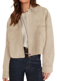 PRETTYGARDEN Women's Faux Suede Cropped Fall Jackets | Soft Zip Up Coats,Classic Lapel Collar,Button Down Shacket,Oversized Casual Outerwear,Trendy Winter Clothes with Pockets