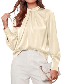 PRETTYGARDEN Satin Tops for Women Mock Neck Pleated Long Sleeve Shirts