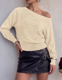 PRETTYGARDEN Women's Fall Off The Shoulder Sweater Tops   | 3D Flower Off Shoulder Sweater, Cinched Waist, Long Sleeve Cropped Sweaters, Knit Pullover Tops, Trendy Date Night Outfit