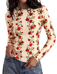 PRETTYGARDEN Womens Long Sleeve Shirts Floral Y2K Tops | Soft Lightweight Ribbed Knit Top,Fitted Waist,Crew Neck Slim Fit,Going Out Vacation Outfits,Layering Fall Winter Clothes