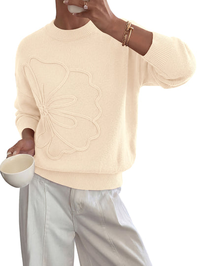 PRETTYGARDEN Womens Sweaters Floral Long Sleeve Knit Tops | Soft Cozy Knit, Cute 3D Flower, Crewneck Relaxed Fit Pullover, Casual Date Work, Fall Fashion Teacher Outfits, Winter Clothes