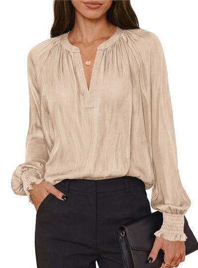 PRETTYGARDEN Women's Satin Blouses V Neck Long Sleeve Tops | Dressy Silk Shirts, Smocked Cuff, Balloon Sleeves, Smooth & Soft, Work Office Wear, Business Casual Outfits, Fall Clothes