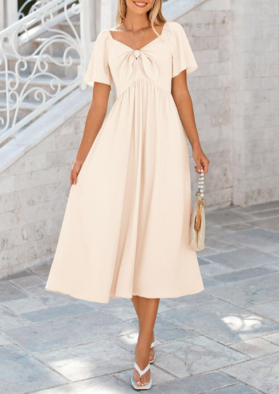 PRETTYGARDEN Summer Dress for Women Casual Short Sleeve Bow Tie V Neck Ruffle Midi Flowy Dresses