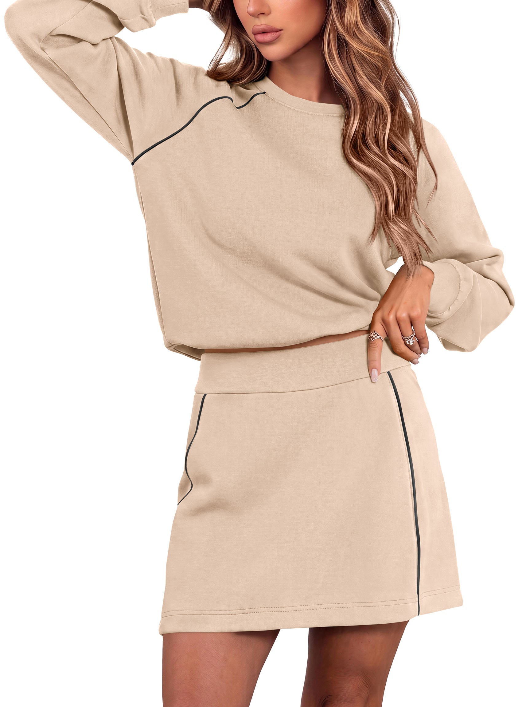 PRETTYGARDEN Women's Two Piece Outfits Matching Skirt Sets | Color Block Long Sleeve Top Sweatshirt, Mini Short Skirts, Elastic Waist Skorts Pocket, 2pc Workout Set, Fall Fashion Clothes