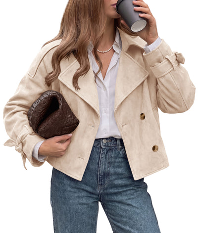 PRETTYGARDEN Women Faux Suede Double Breasted Trench Coat Cropped Jackets  Raglan Long Sleeve,Lapel,Tie Cuff,Button Down,Fall Fashion Outerwear,Winter Clothes,Work Office Casual Short Jacket