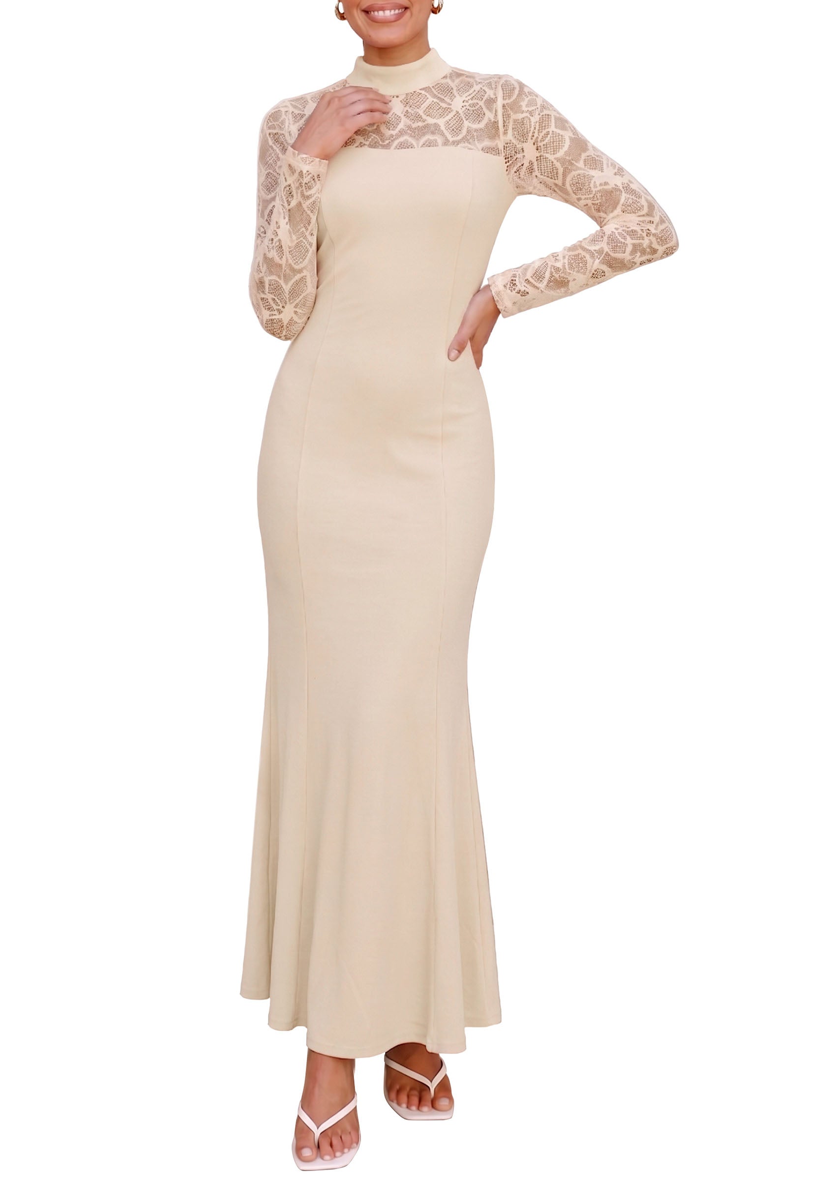 PRETTYGARDEN Women's Fall Lace Sheer Dress Bodycon Maxi Cocktail Dresses  Long Sleeve, Patchwork Mock Neck, Slim Fit, Elegant Mermaid, Semi Formal Outfits for Wedding Guest, Evening, Birthday Party