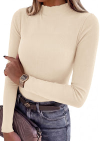 PRETTYGARDEN Women's Fall Long Sleeve Shirts Basic Tees | Soft Stretchy Ribbed Fabric, Lettuce Trim Mock Neck, Slim Fitted Cute Tops, Layering Fashion Clothing, Trendy Casual Outfits