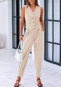 PRETTYGARDEN Two Piece V Neck Button Front Cropped Tank Tops Vest Pockets Pants Cotton Sets
