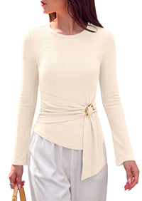 PRETTYGARDEN Long Sleeve Shirts for Women Asymmetricall Tops | Dressy Casual Blouses, Slim Fit Waist Tie Ruched Top, Soft ‌Stretchy, Going Out Work Office Outfit, 2026 Fall Fashion Clothes