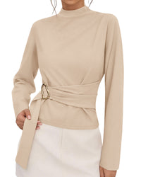 PRETTYGARDEN Women Blouses Fall Dressy Mock Neck Long Sleeve Work Shirts Buckle Belted Tunic Business Casual Tops