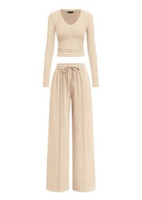 PRETTYGARDEN Women's 2 Piece Lounge Sets Matching Clothing  | V Neck Long Sleeve Tops, Wide Leg Pants Pockets, Airport Travel Outfits, Soft Ribbed Knit, Drawstring Waist, Fall Resort Wear