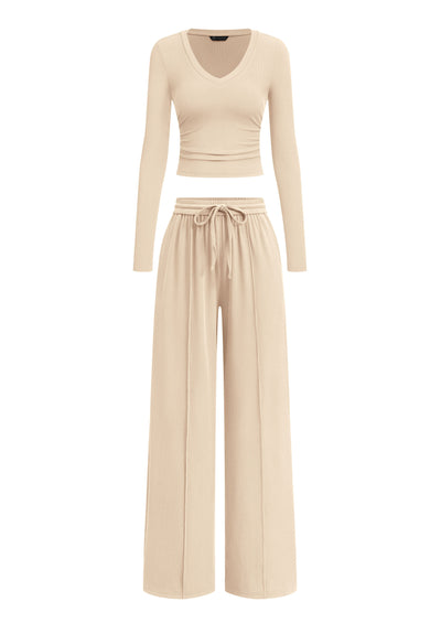 PRETTYGARDEN Women's 2 Piece Lounge Sets Matching Clothing  | V Neck Long Sleeve Tops, Wide Leg Pants Pockets, Airport Travel Outfits, Soft Ribbed Knit, Drawstring Waist, Fall Resort Wear