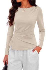 PRETTYGARDEN Womens Ruched Tops Casual Long Sleeve Shirt  Soft Stretchy Knit, Round Neck Slim Fitted Shape, Pleated Asymmetrical Hem, Office Work Daily Wear, Trendy Fall Outfits