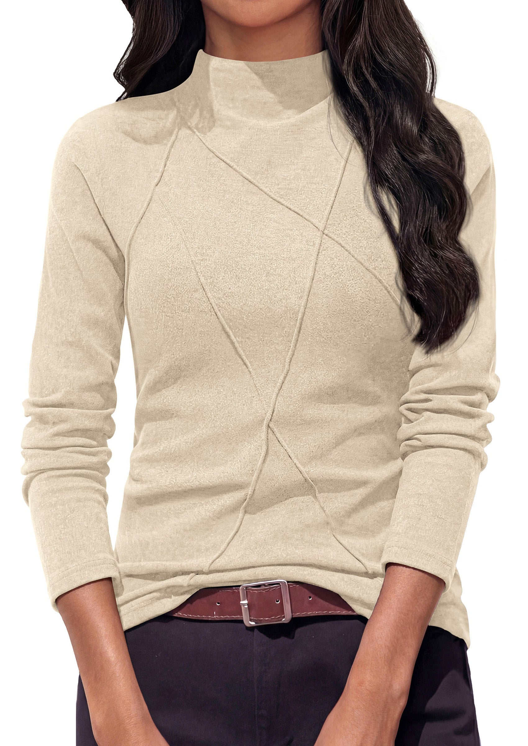 PRETTYGARDEN Women's Fall Mock Neck Long Sleeve Shirts | Soft Stretchy Knit,Geometric Seam Stitching,Slim Fitted Basic Tees,Thermal Casual Wear,Daily Work Layering Winter Tunic Top