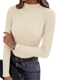 PRETTYGARDEN Women's Fall Long Sleeve Fitted Shirts | Comfy Stretchy Cable Knit, Trendy Lettuce Trim Mock Neck, Casual Basic Tees, Cute Layering Tops, 2026 Fashion Clothing