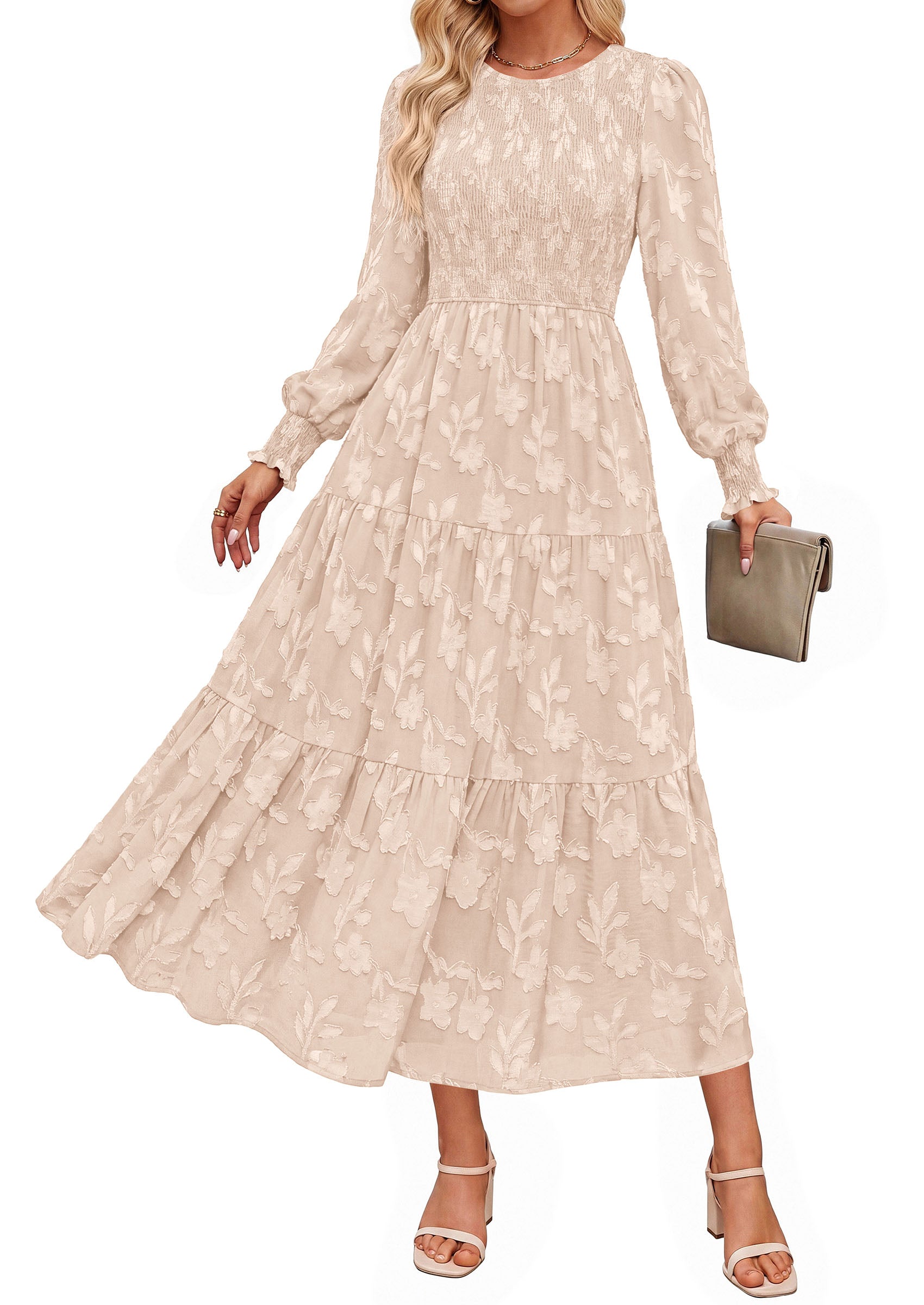 PRETTYGARDEN Fall Floral Long Sleeve Wedding Guest Dress for Women Pockets | Casual Textured Jacquard Smocked High Waist A-line Boho Flowy Midi Dress, Semi Formal Cocktail Dresses for Women 2026