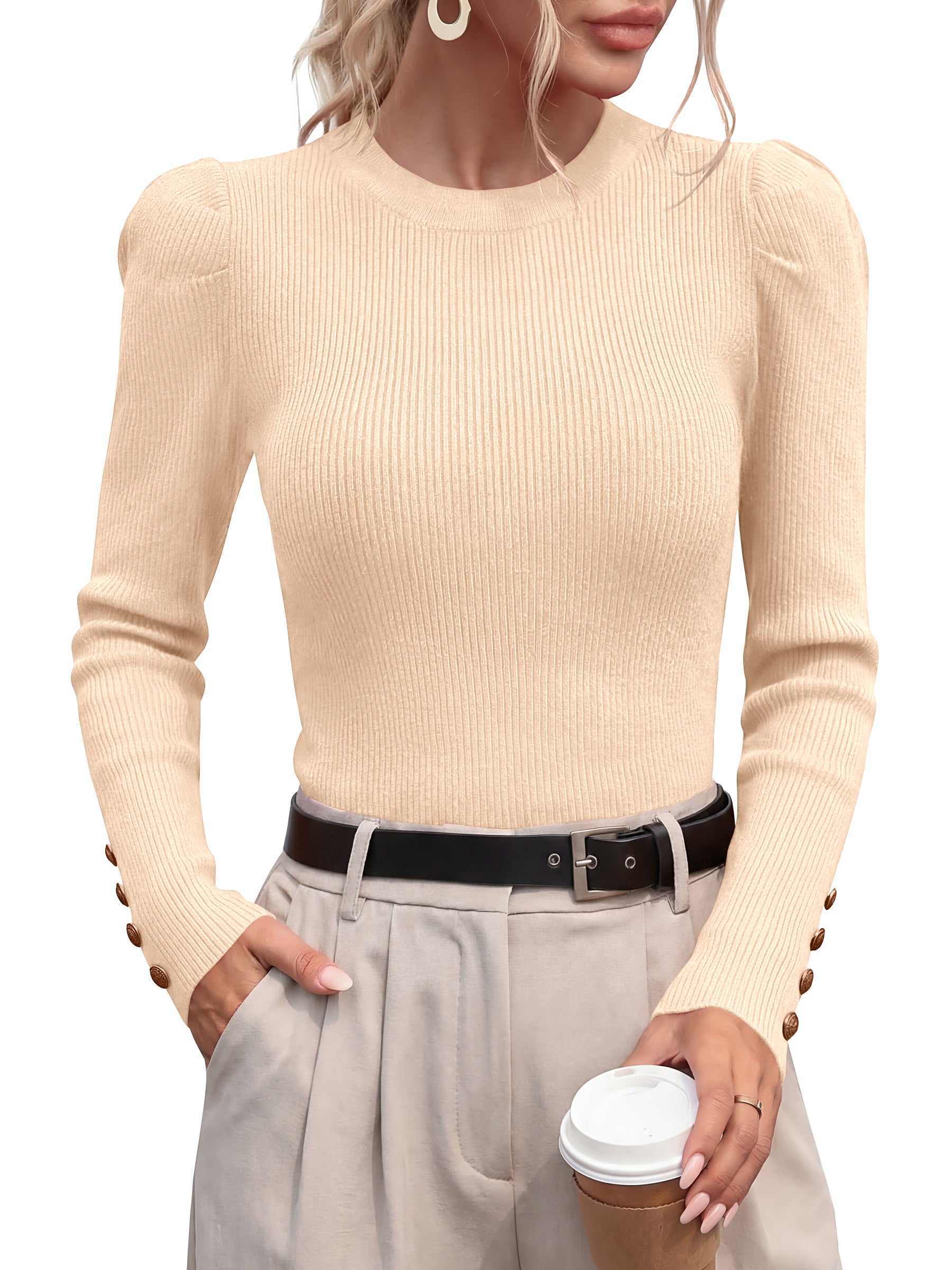 PRETTYGARDEN Womens Fall Sweaters Crewneck Puff Sleeve Button Cuff Ribbed Knit Cozy Pullover Sweater Slim Fit Tops Trendy