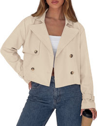 PRETTYGARDEN Cropped Trench Coat For Women Short Jacket  Soft Lightweight Coats, Lapel Double Breasted, Long Sleeve Loose Fit, Casual Work Office Jackets, Fall Winter Outwear