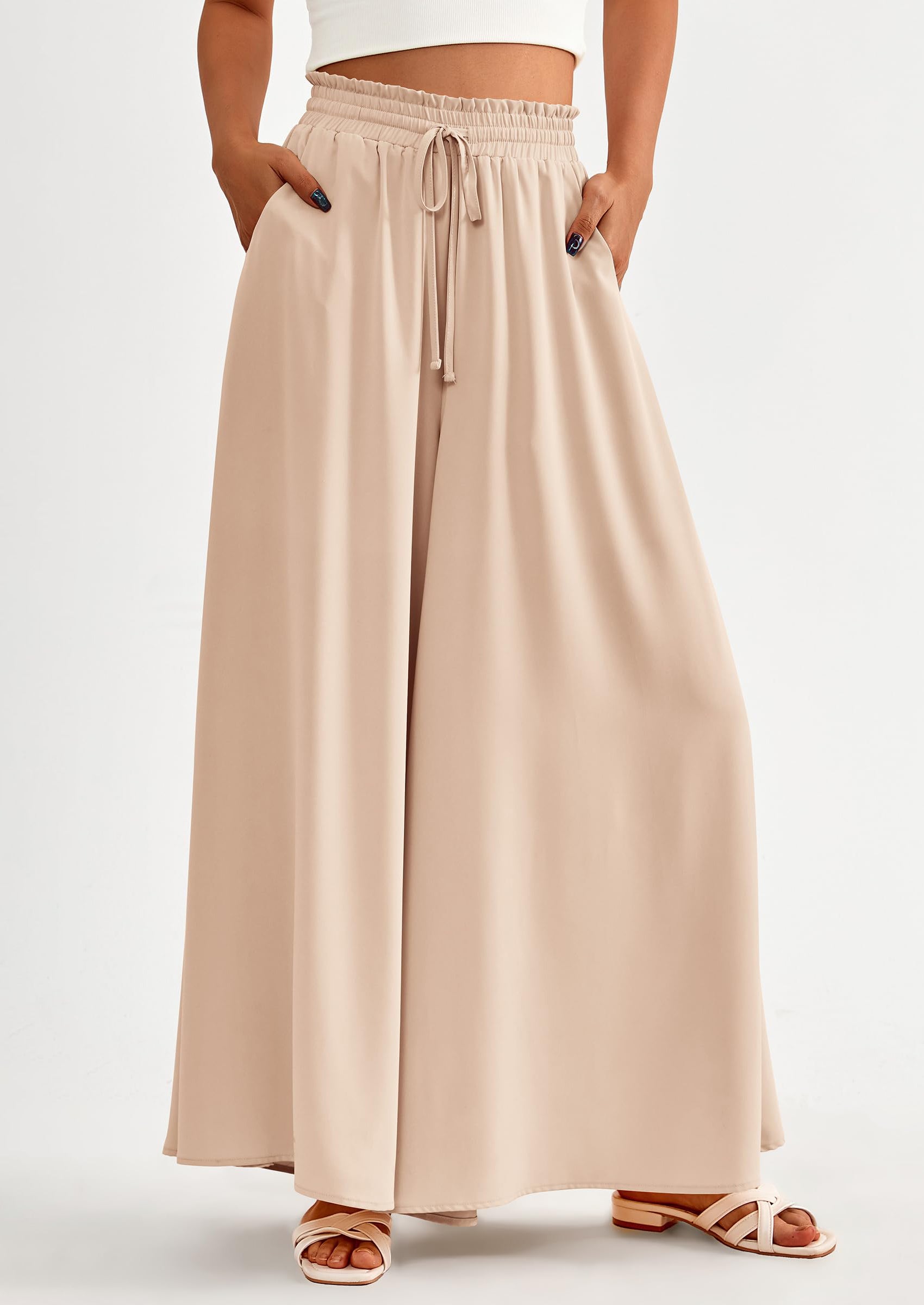 PRETTYGARDEN Women's Summer Wide Leg Palazzo Pants High Waisted Flowy Pockets Trendy Casual Lounge Boho Beach Trousers