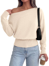PRETTYGARDEN Womens Off The Shoulder Sweater Fall Fashion | Soft Stretchy Knit Fabric, Batwing Long Sleeve Cinched Waist Cropped Sweaters, Date Night Outfit, Asymmetrical Going Out Tops