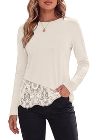 PRETTYGARDEN Women's Lace Patchwork Long Sleeve Shirts | Soft Casual Tops,Irregular Asymmetrical Hem,Crew Neck Thermal Blouses,Loose Fit Layer Tee,Fashion Fall Winter Daily Wear
