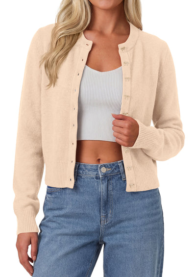 PRETTYGARDEN Womens Cropped Button Up Knit Cardigan Sweater | Cute Crewneck Long Sleeve Lightweight Tops, 2026 Fall Trendy Slim Fit Soft Cozy Casual Cardigans, Holiday Party Sweaters