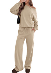 PRETTYGARDEN Womens 2 Piece Casual Matching Lounge Sets  Fashion Off the Shoulder Sweatshirt, Wide Leg Pants with Pockets, Comfy Airport Travel Outfit, 2026 Trendy Fall Set