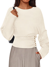 PRETTYGARDEN Batwing Sleeve Sweaters For Women Pullover Fall Clothes						 					  Cozy Ribbed Knit, Single Side Button,  Cinched Waist, Business Casual Work Outfits , 2026 Trendy Fall Winter Fashion Clothing