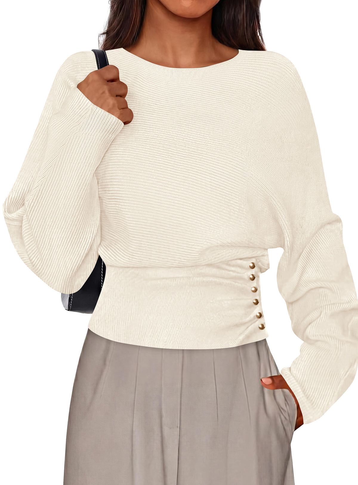 PRETTYGARDEN Batwing Sleeve Sweaters For Women Pullover Fall Clothes						 					  Cozy Ribbed Knit, Single Side Button,  Cinched Waist, Business Casual Work Outfits , 2026 Trendy Fall Winter Fashion Clothing