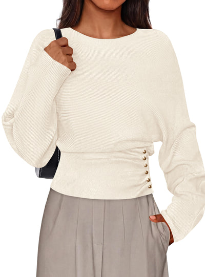 PRETTYGARDEN Batwing Sleeve Sweaters For Women Pullover Fall Clothes						 					  Cozy Ribbed Knit, Single Side Button,  Cinched Waist, Business Casual Work Outfits , 2026 Trendy Fall Winter Fashion Clothing