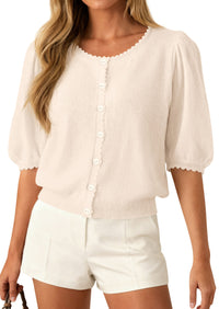 PRETTYGARDEN Puff Short Sleeve Cardigans for Women Lightweight 2026 Summer Shirts Button Up Knit Sweater Tops Spring Clothes PRETTYGARDEN