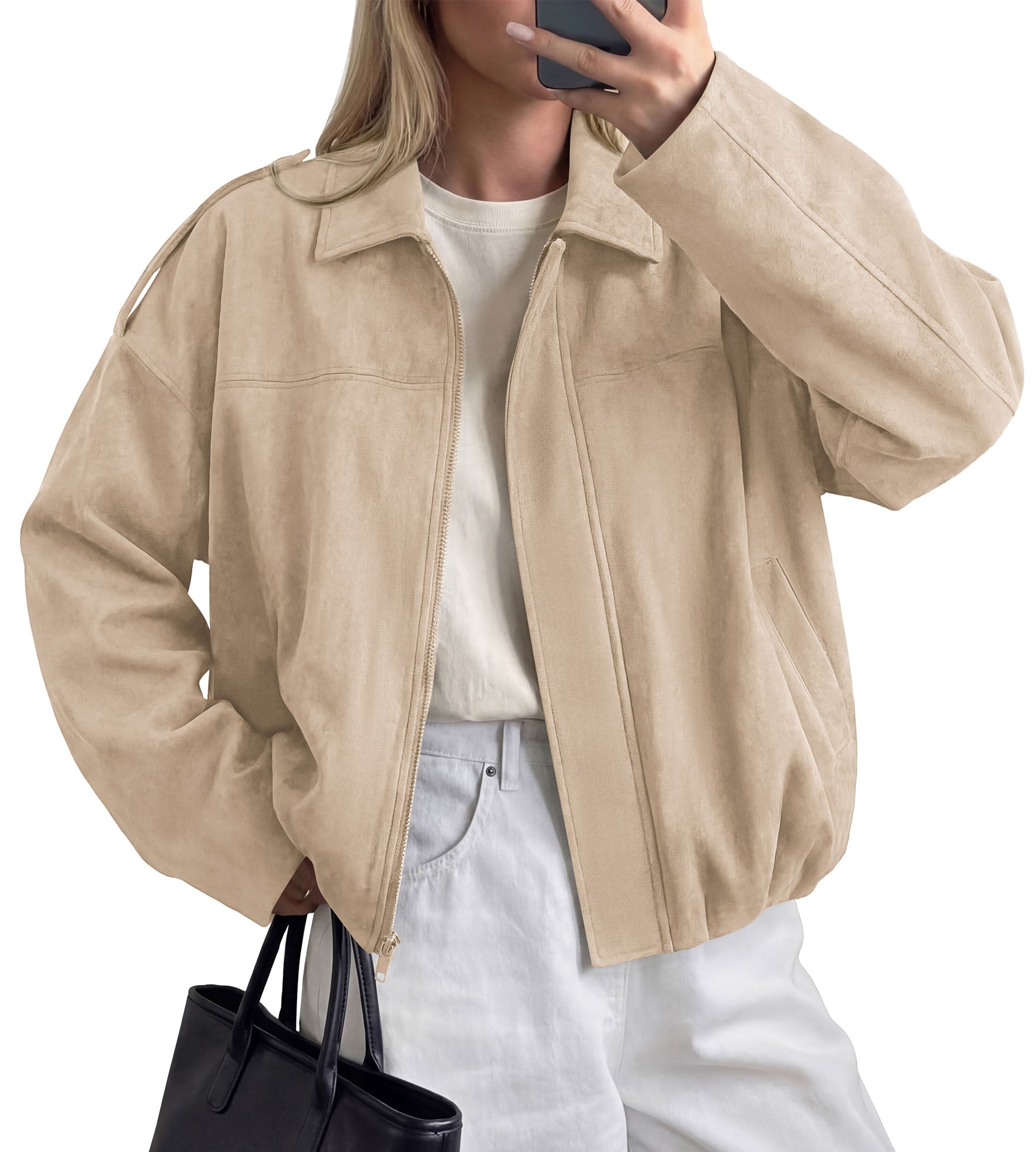 PRETTYGARDEN Women's Faux Suede Cropped Bomber Jacket | Long Sleeve Zip Up Casual Going Out Jackets Coat, Oversized Loose Fit Western Outfits, Trendy Outerwear, Fall Clothes