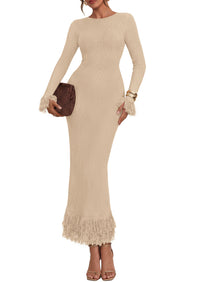 PRETTYGARDEN Womens Long Sleeve Bodycon Sweater Dress  Stretchy Ribbed Knit,Fringe Trim Cuffs & Hem,Slim Fit Crewneck,Date Night Outfits,Fall Winter Wedding Guest Cocktail Dresses