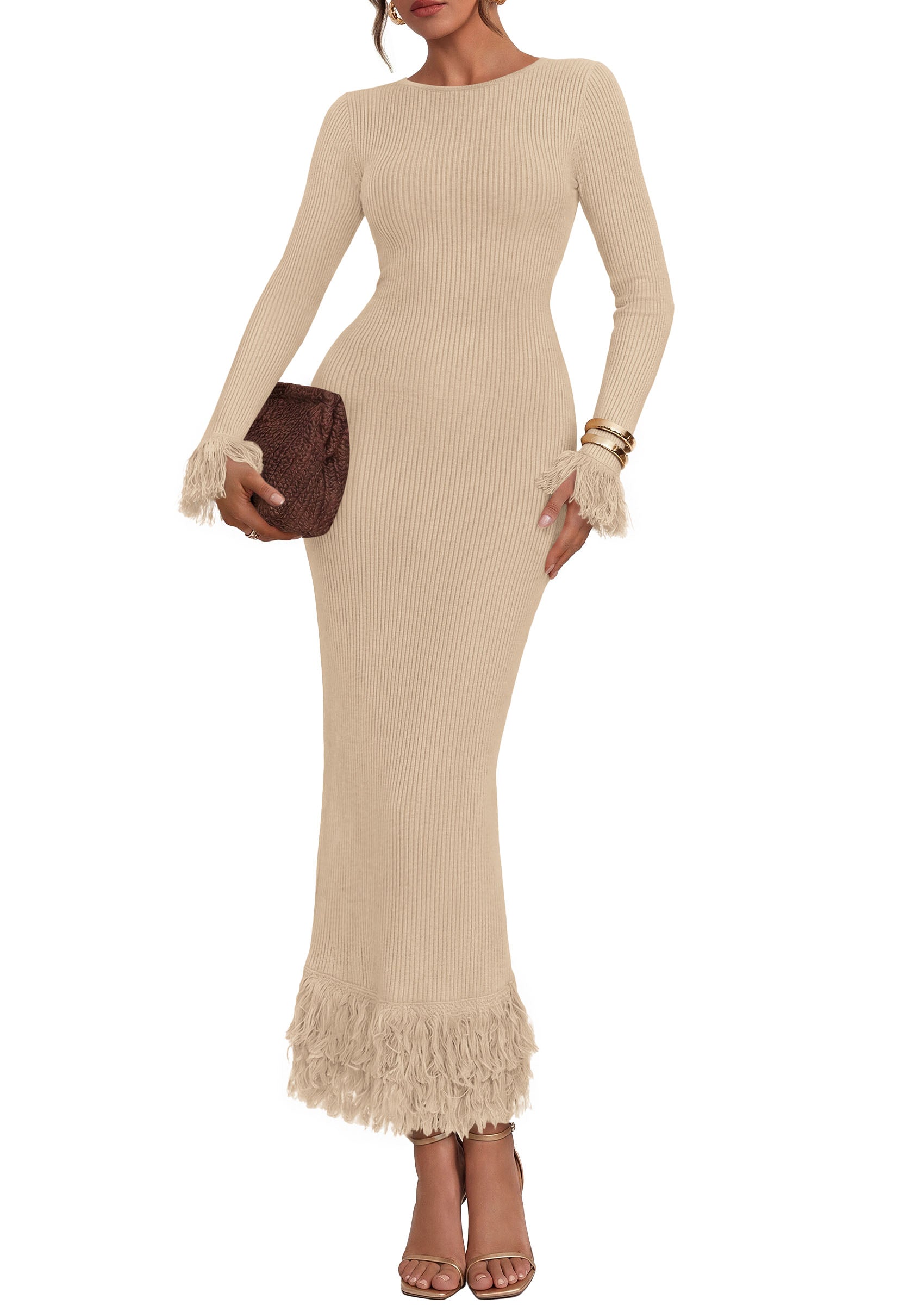 PRETTYGARDEN Womens Long Sleeve Bodycon Sweater Dress  Stretchy Ribbed Knit,Fringe Trim Cuffs & Hem,Slim Fit Crewneck,Date Night Outfits,Fall Winter Wedding Guest Cocktail Dresses