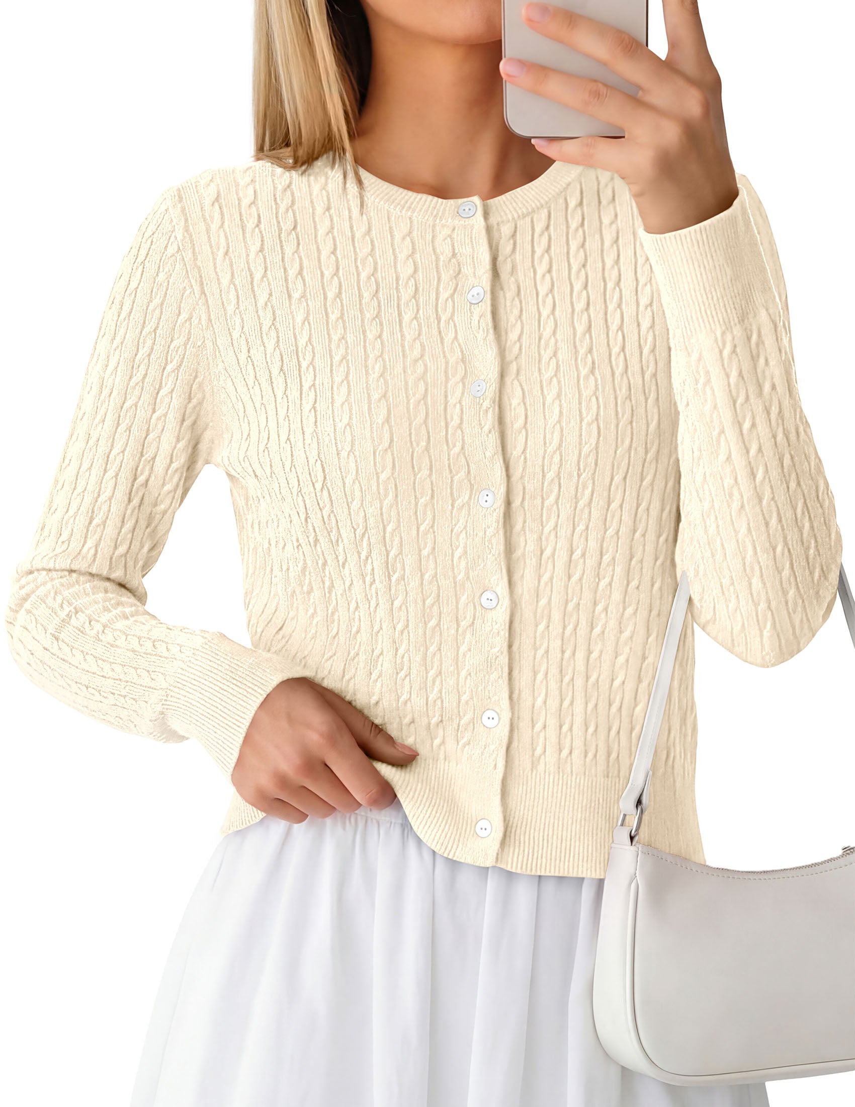 PRETTYGARDEN Women Lightweight Button Up Cardigan Sweaters | Soft Stretchy, Cozy Cable Knit, Long Sleeve Crew Neck, Trendy Cardigans, Cute Casual Outfits, Early Fall Fashion Clothing