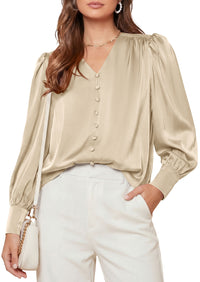 PRETTYGARDEN Satin Long Sleeve Womens Blouses Dressy Casual | Glossy Smooth Silk Fabric,Lantern Sleeve Fall Tops,Decorative Button Pullover,V Neck Shirts,Office Work Business Outfits