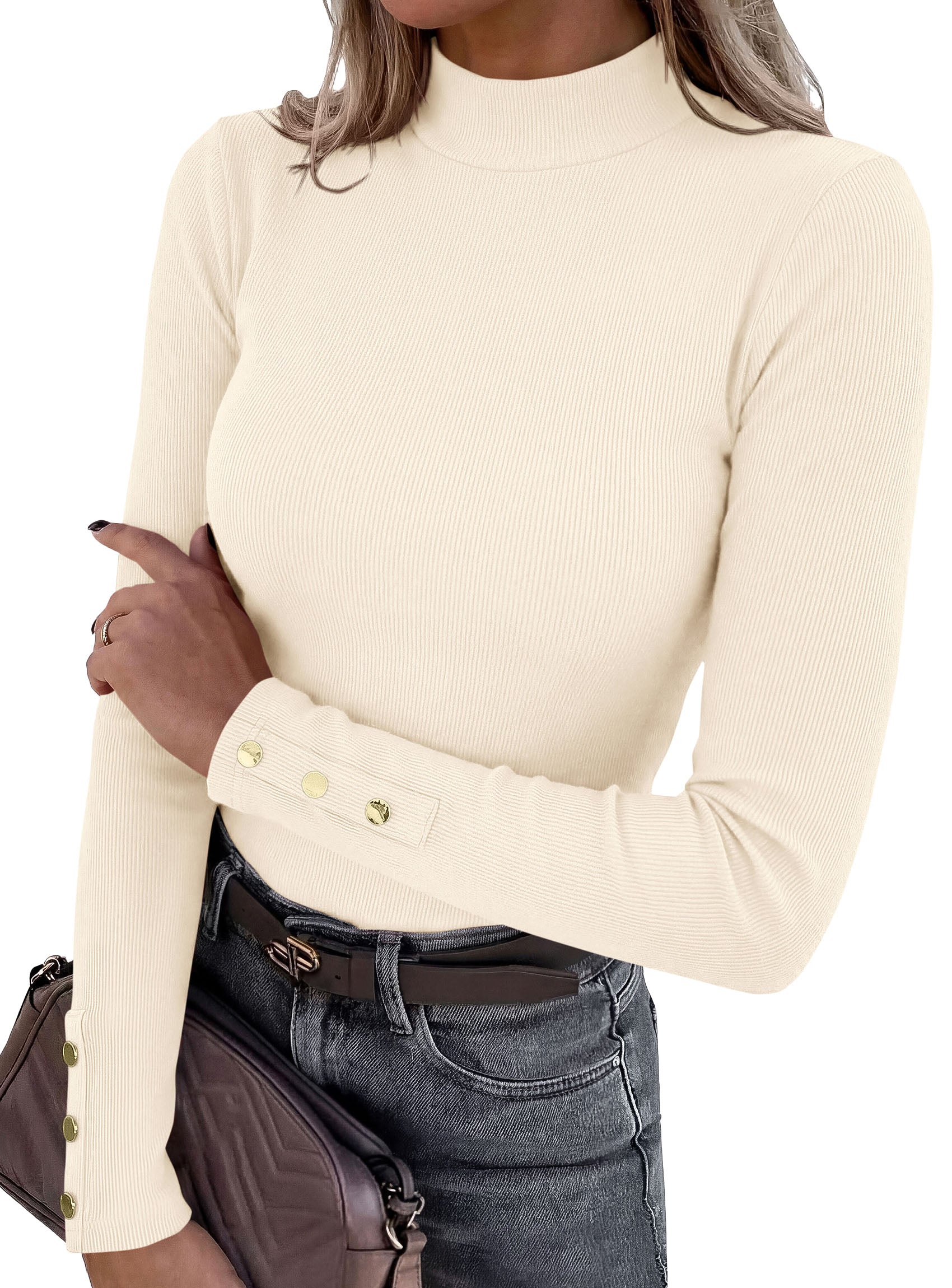PRETTYGARDEN Women's Ribbed Mock Neck Long Sleeve Tops