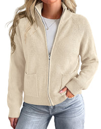 PRETTYGARDEN Womens Zip Up Cardigan Sweaters with Pockets Fall Jackets Stand Collar Long Sleeve Ribbed Knit Sweater, Chunky Loose Fit Open Front Short Cardigans, Fashion Winter Coats Outerwear