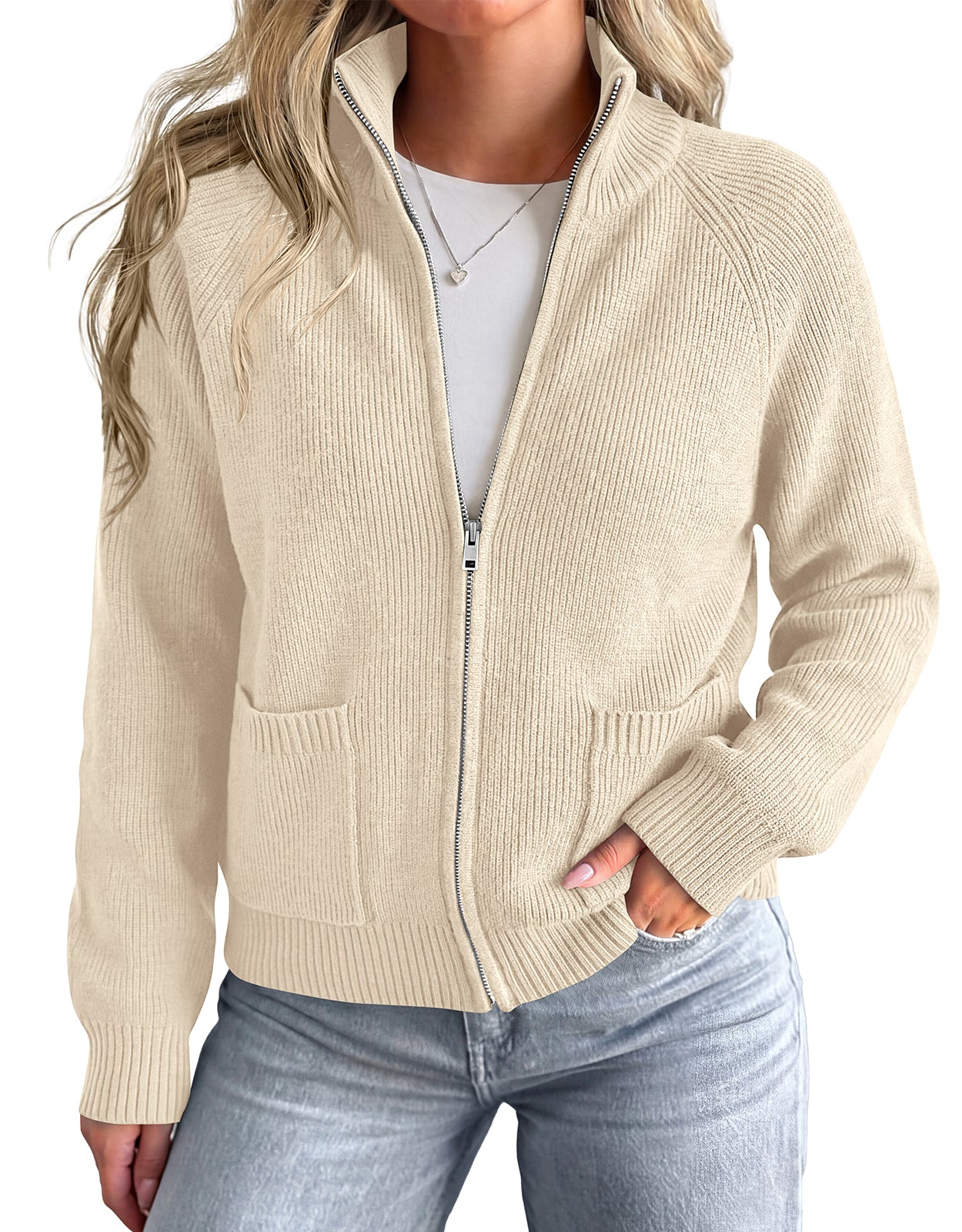 PRETTYGARDEN Womens Zip Up Cardigan Sweaters with Pockets Fall Jackets Stand Collar Long Sleeve Ribbed Knit Sweater, Chunky Loose Fit Open Front Short Cardigans, Fashion Winter Coats Outerwear