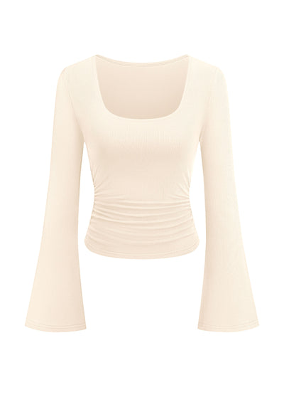 PRETTYGARDEN Womens Long Bell Sleeve Going Out Tops Fall Fashion 2026 Square Neck Ruched Ribbed Shirts Winter Y2K Clothes