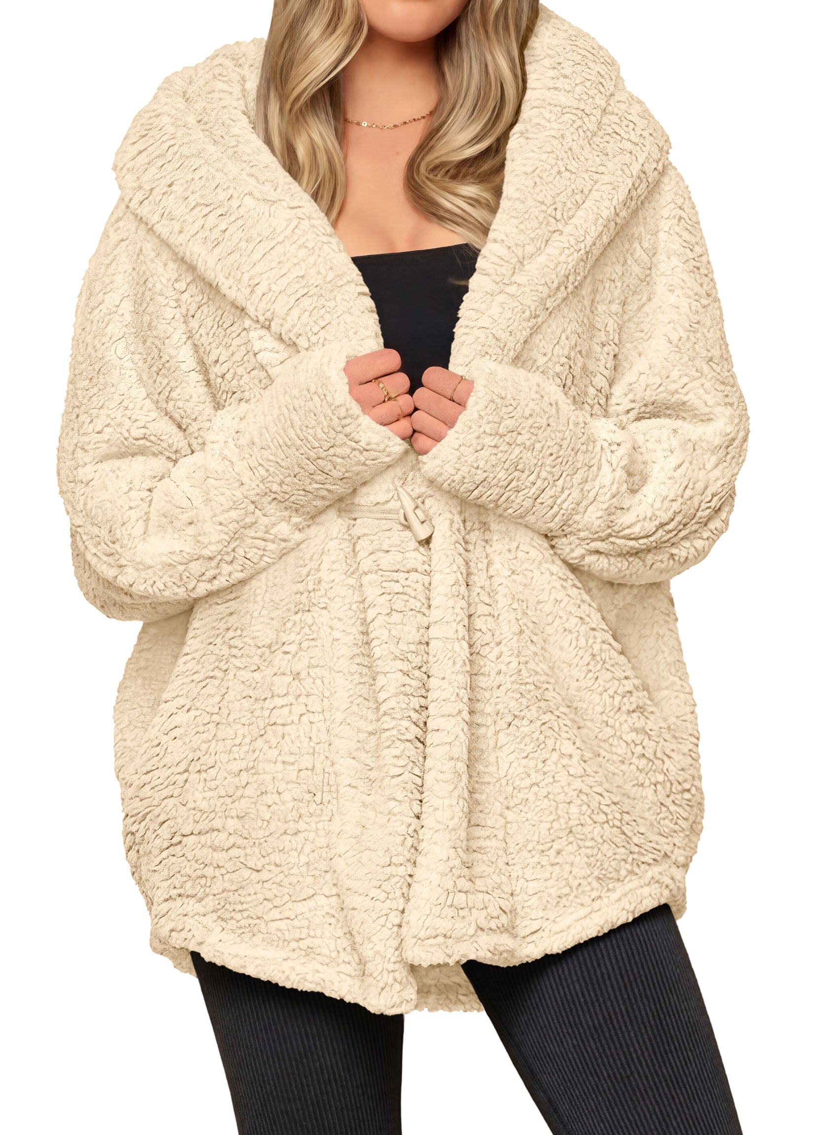 PRETTYGARDEN Women's Winter Warm Coats Hooded Faux Fur Sherpa Jacket  Fuzzy Fleece, Thumb Holes, Long Sleeve Pockets, Teddy Bear Jackets, Trendy Casual Fall Clothes, Holiday Going Out Outfits