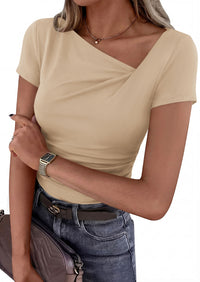 PRETTYGARDEN Women's 2026 Summer Asymmetrical Y2K Tops Trendy Ribbed Short Sleeve Fitted Tee Shirts Spring Fashion Clothing