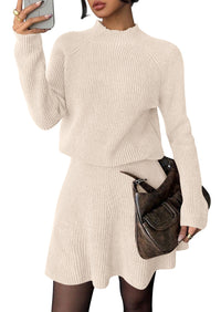 PRETTYGARDEN Women's Fall 2 Piece Outfits Matching Sweater Skirt Sets  Cozy Ribbed Knit, Raglan Long Sleeve, Crewneck Pullover, Elastic Waist A Line, Mini Short Skirts, Holiday Winter Clothing