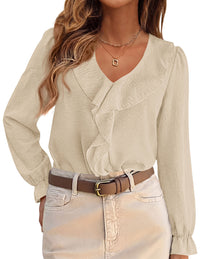 PRETTYGARDEN Women Early Fall Fashion Dressy Casual Blouses  | Comfy Lightweight,Lantern Long Sleeve Shirts,Cute Ruffle V Neck,Going Out Tops,Business Work Outfits,Trendy Daily Clothes