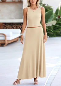 PRETTYGARDEN 2 Piece Maxi Skirt Sets Casual Knit Cropped Tank Top High Waisted Long Skirts Outfit