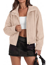 PRETTYGARDEN Lightweight Faux Suede Cropped Bomber Jacket Women Outerwear | Full Zipper, Elastic Hem, Lapel Collar, Long Sleeve Fall Jackets, Loose Fit Ladies Coats, Fashion Clothing with Pockets
