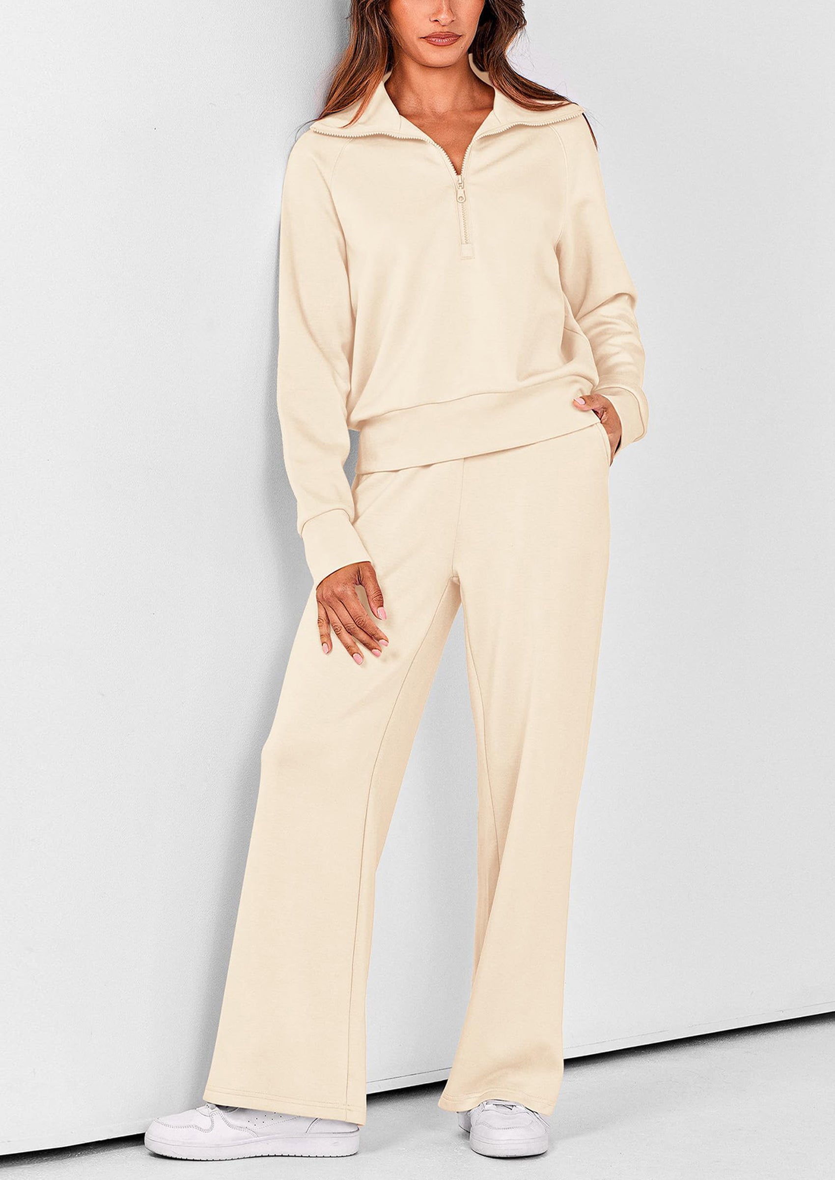 PRETTYGARDEN Women's 2 Piece Outfits Casual Lapel Half Zip Sweatshirts And Wide Leg Pants Tracksuit Sets