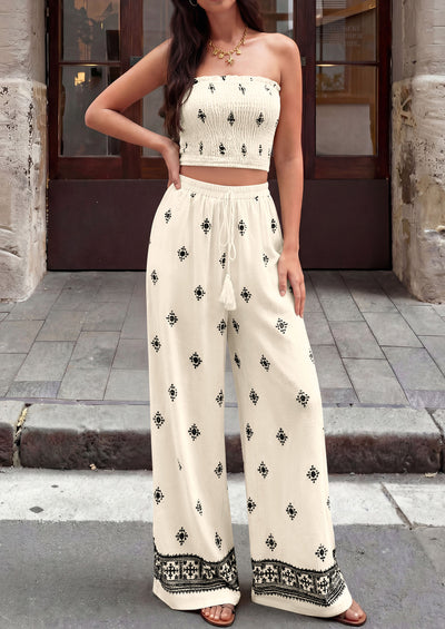 PRETTYGARDEN 2 Piece Sets for women Summer 2026 Travel Outfits Print Tube Tops Wide Leg Pants Beach Vacation Clothes