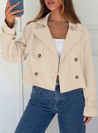 PRETTYGARDEN Cropped Trench Coat For Women Short Jacket  Soft Lightweight Coats, Lapel Double Breasted, Long Sleeve Loose Fit, Casual Work Office Jackets, Fall Winter Outwear
