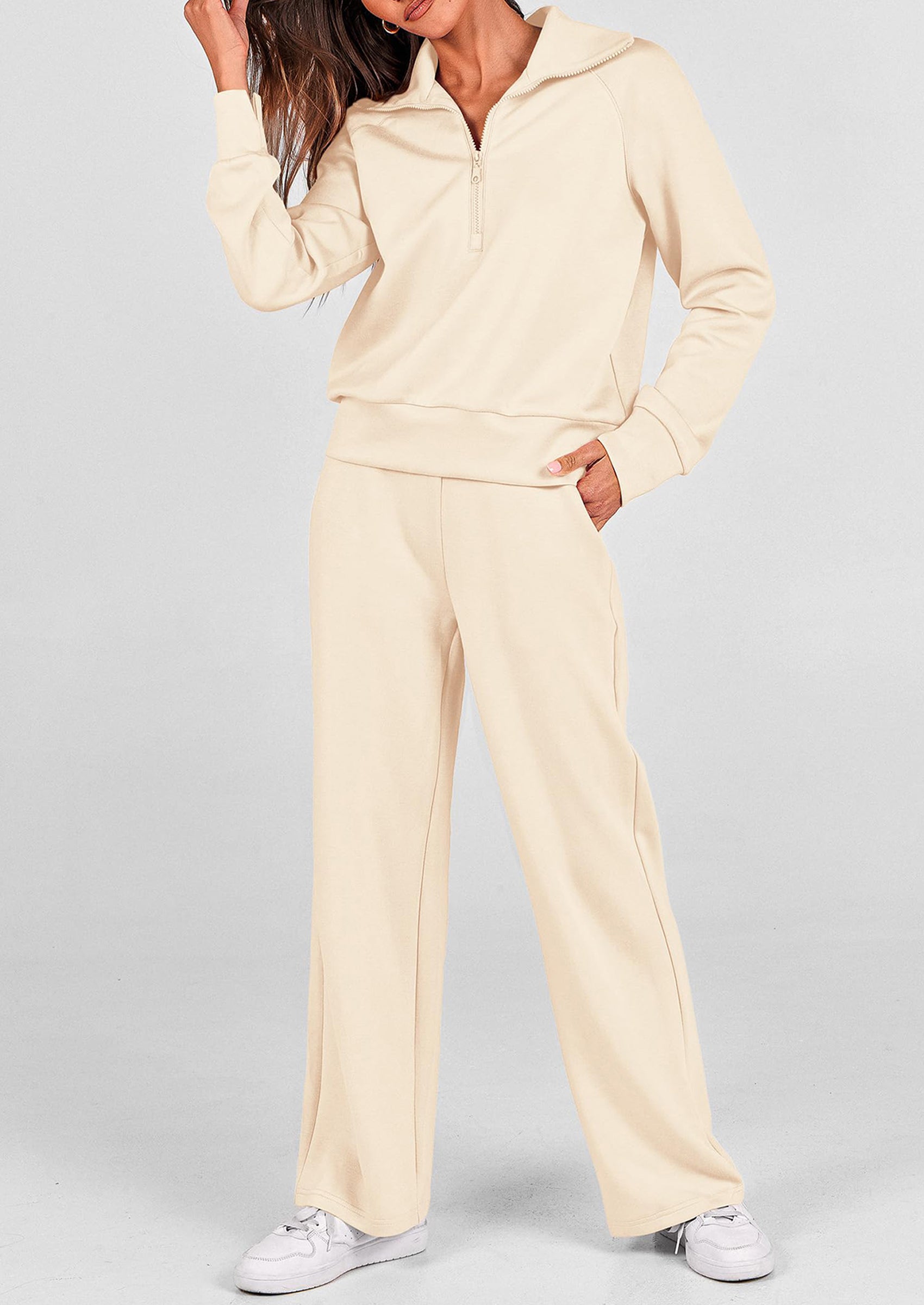 PRETTYGARDEN Women's 2 Piece Outfits Casual Lapel Half Zip Sweatshirts And Wide Leg Pants Tracksuit Sets